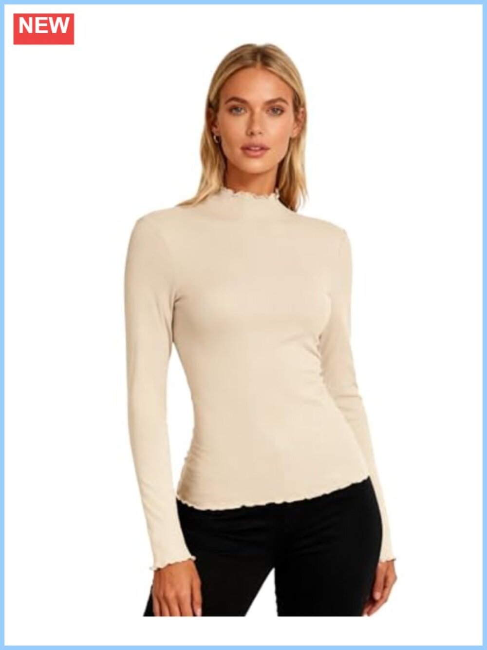 Mock Neck Ribbed Long Sleeve Thermal T-Shirt Slim Fit Lettuce Trim